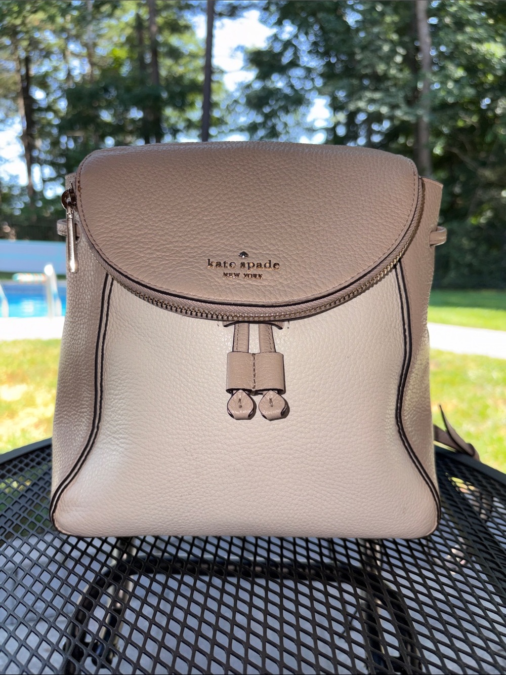 Kate Spade Leila Medium Flap Backpack Warm Beige/Cream Pebbled Leather